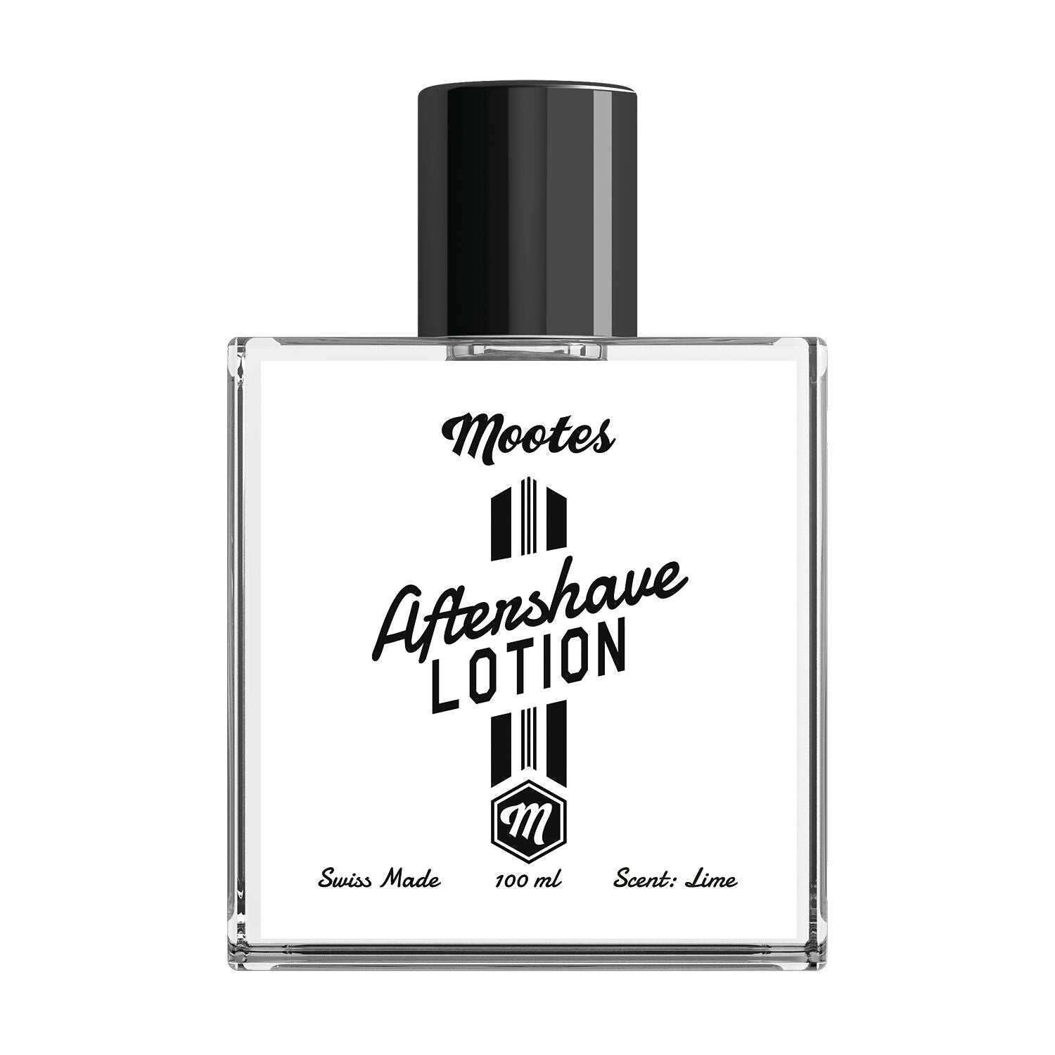 Aftershave Lotion Lime von Mootes in klarem quadratischem Flakon mit schwarzem Verschluss und frischem Limetten-Duft