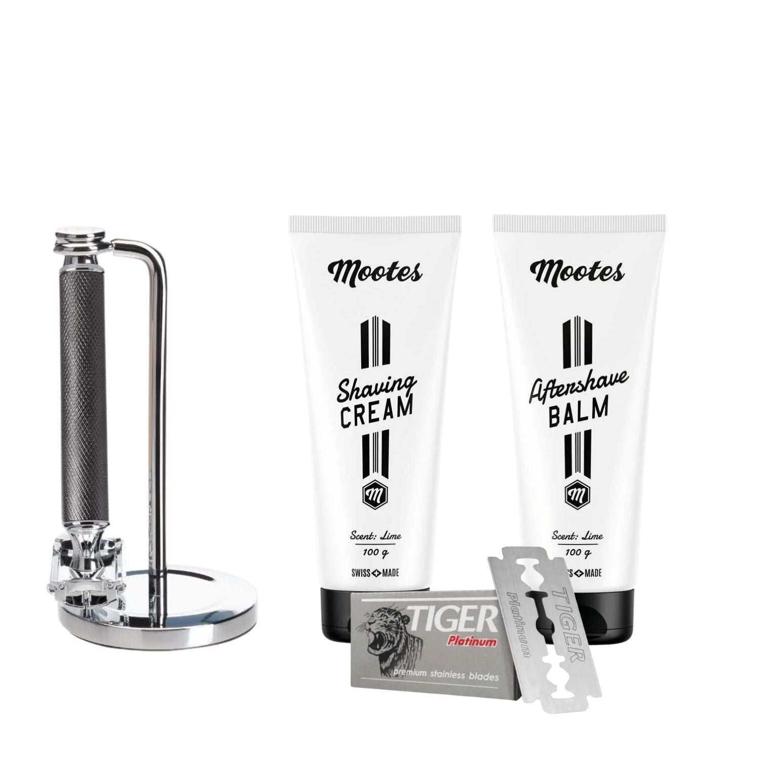 Rasierhobelset mit Metallgriff, Rasiercreme, Aftershave Balsam und Rasierklingen in modernem Design