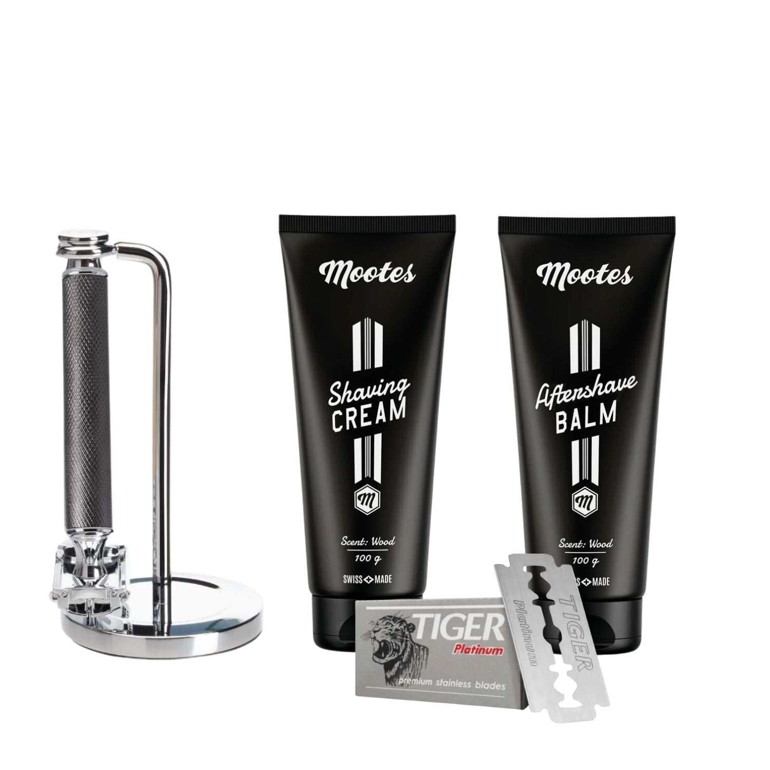Rasierhobelset mit Metallgriff inklusive Rasiercreme, Aftershave Balsam, Rasierklingen und Ständer in modernem Design