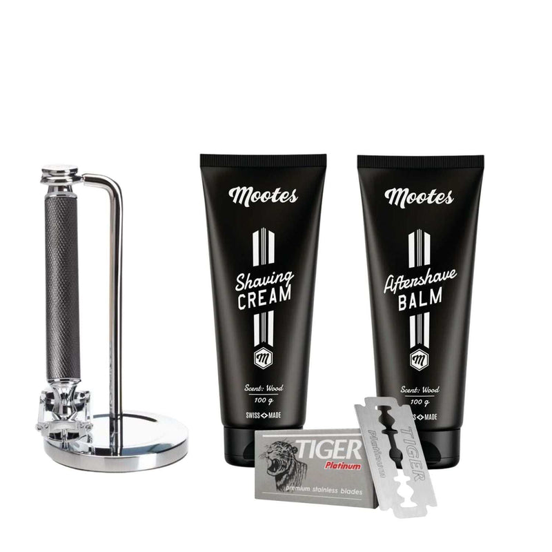 Rasierhobelset mit Metallgriff inklusive Rasiercreme, Aftershave Balsam, Rasierklingen und Ständer in modernem Design