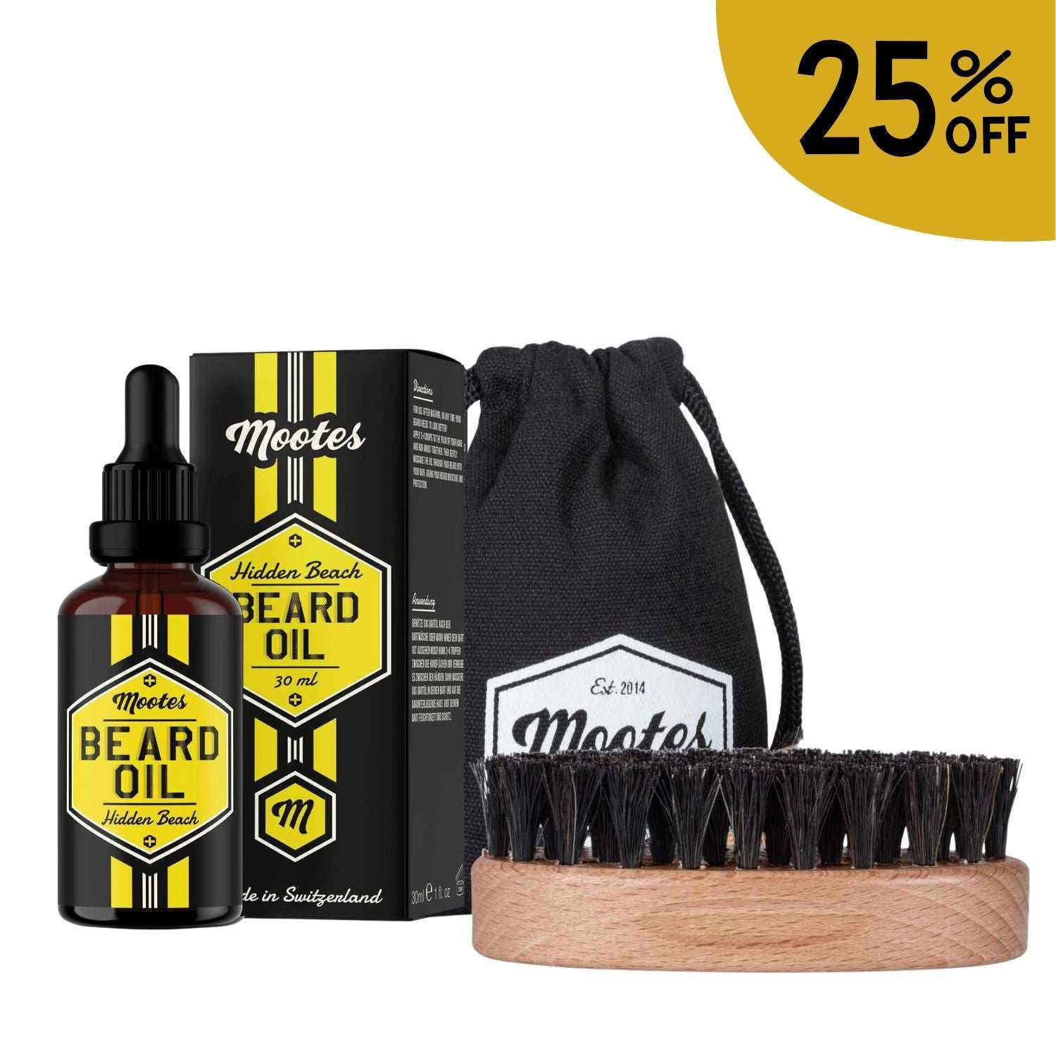 Bartöl Hidden Beach 30 ml mit Bartbürste im Baumwollbeutel für gepflegten, geschmeidigen Bart mit frischem Duft aus Limette und Sandelholz