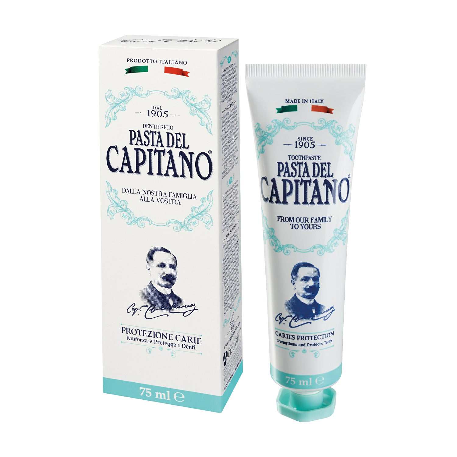 Zahnpasta Protection - Pasta del Capitano mit doppelter Fluorid-Power für starke Zähne und Kariesschutz, 75 ml Tube mit Verpackung.