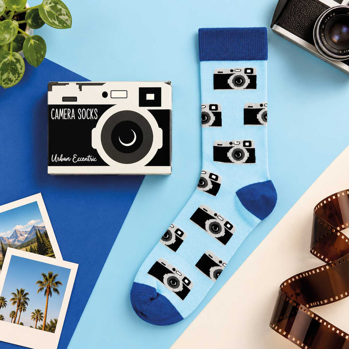 Urban Eccentric Camera Socken und Geschenkbox in einer Fotografie-Szene
