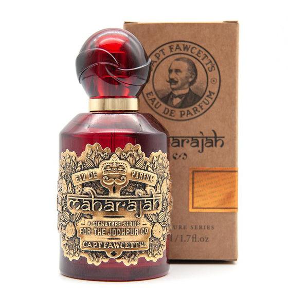 Eau de Parfum Maharajah von Captain Fawcett in rotem edlem Flakon mit goldener Verzierung vor brauner Verpackung