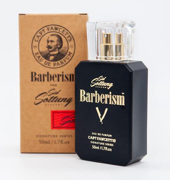 Eau de Parfum Barberism von Captain Fawcett mit elegantem, maskulinem Duft und traditioneller Barbershop-Note in schwarzer Flasche und brauner Verpackung.