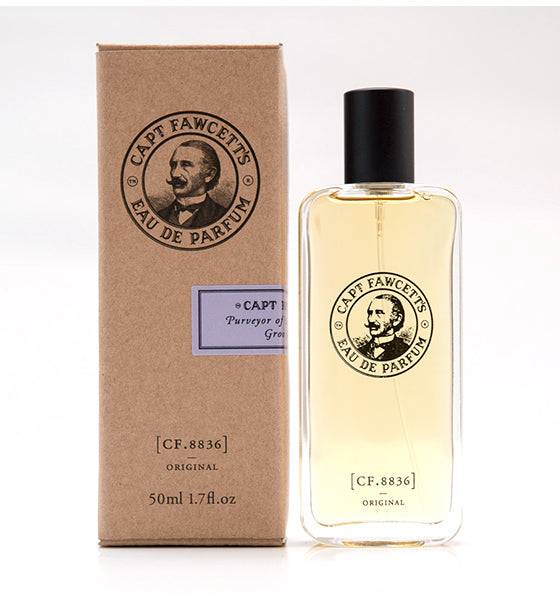 Eau de Parfum Original von Captain Fawcett mit holzig-würzigem Duft und warmen Vanille-Noten, 50ml Flakon und Verpackung.