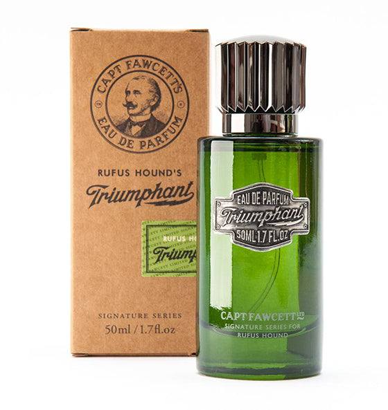 Eau de Parfum Triumphant Captain Fawcett grüne Flasche mit brauner Verpackung und silbernem Verschluss, frischer Herrenduft für selbstbewusste Männer