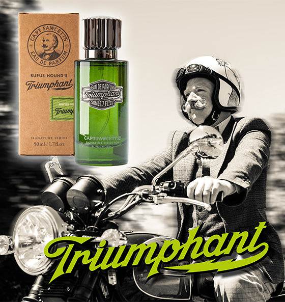 Eau de Parfum Triumphant von Captain Fawcett mit grünem Flakon neben Motorradfahrer, Duft frischer Frühlingsmorgen, Bergamotte, Zitrus und Moschus, maskuliner Duft für selbstbewusste Männer
