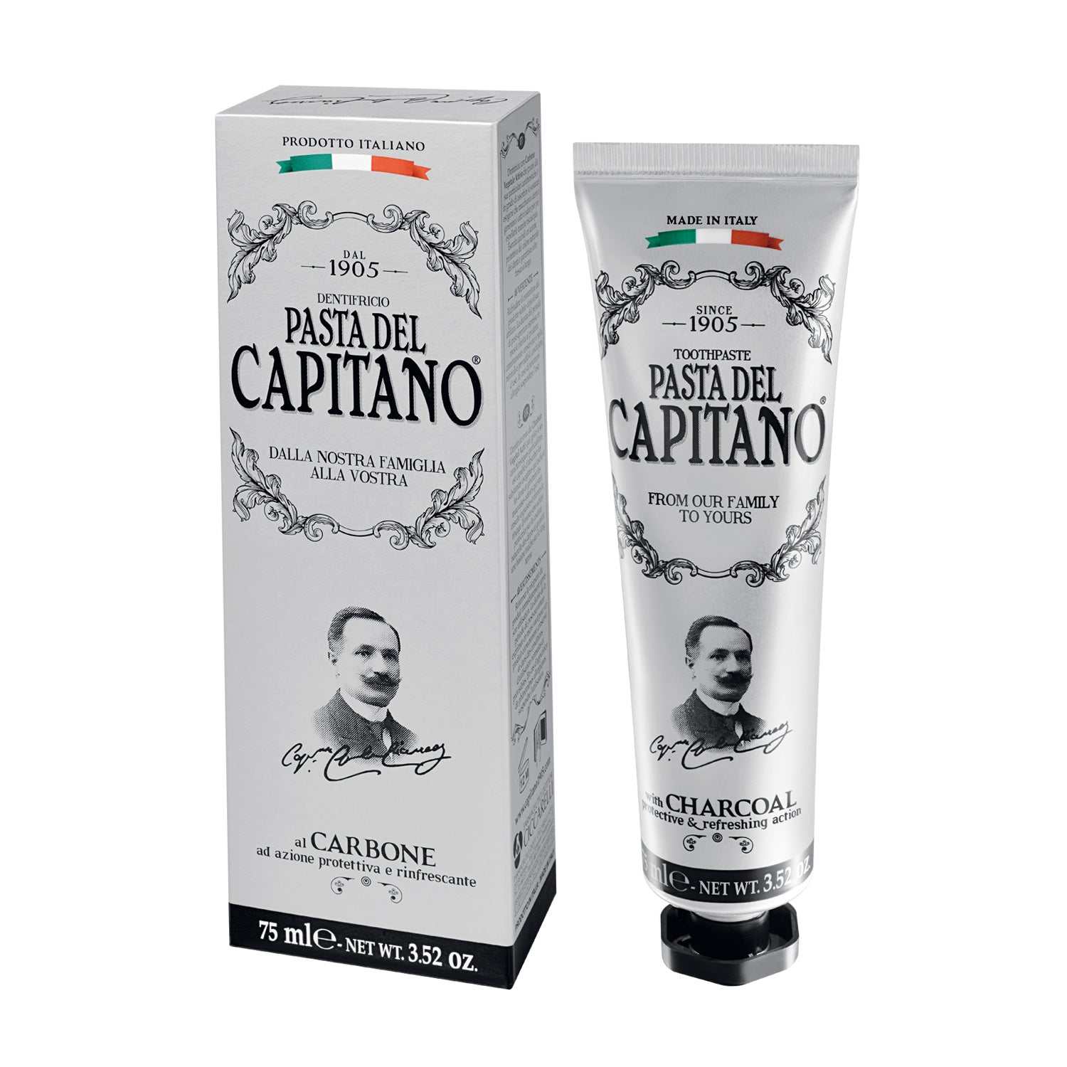 Zahnpasta mit Aktivkohle Pasta del Capitano für natürlich weißere Zähne und frischen Atem in schwarzer Tube und Verpackung