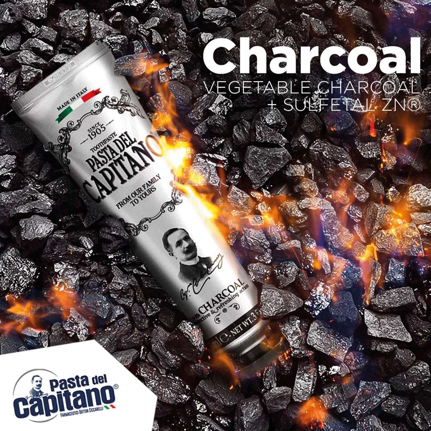 Zahnpasta mit Aktivkohle von Pasta del Capitano auf glühender Kohle für natürlich weiße Zähne und frischen Atem.