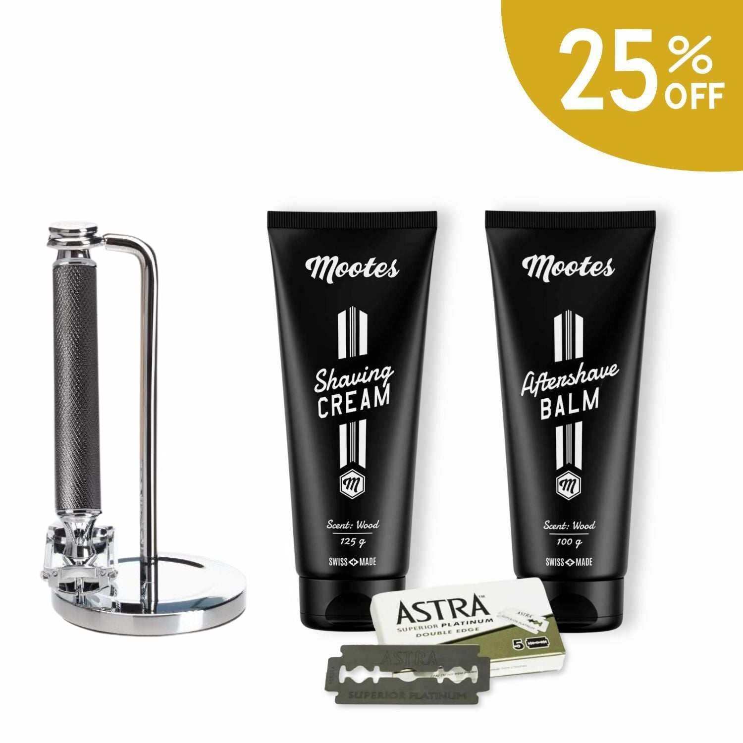 Rasierhobelset mit Metallgriff, Rasiercreme, Aftershave Balsam und Astra Klingen, stilvolles 5-teiliges Set