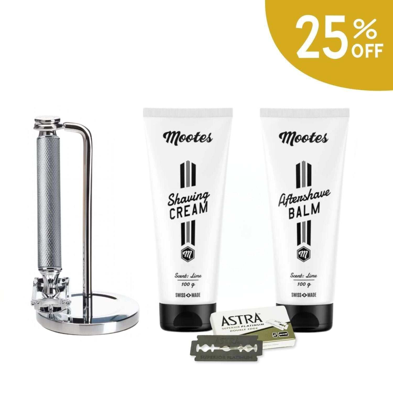 Rasierhobelset mit Metallgriff, Rasierhobel-Ständer, Rasiercreme und Aftershave Balsam, Astra Rasierklingen, stilvolle Männer-Rasur