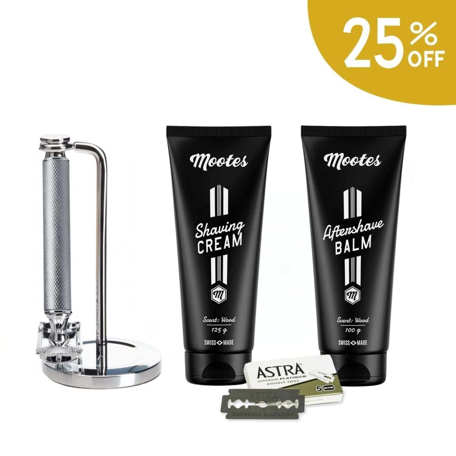 Rasierhobelset mit Metallgriff Mootes mit Rasiercreme, Aftershave Balsam, Ständer und Astra Klingen in edlem Design