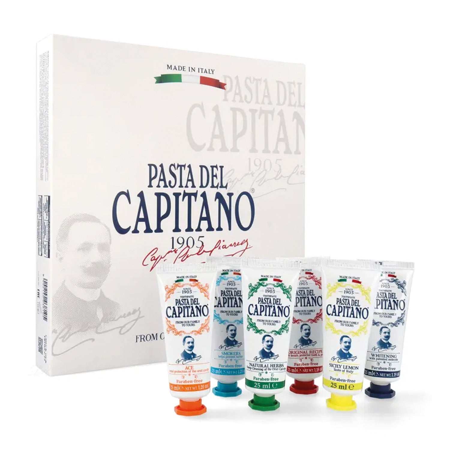 Pasta del Capitano Zahnpasta Mini Box mit 6 x 25 ml Tuben in verschiedenen Geschmacksrichtungen und italienischer Premium-Zahnpflege.