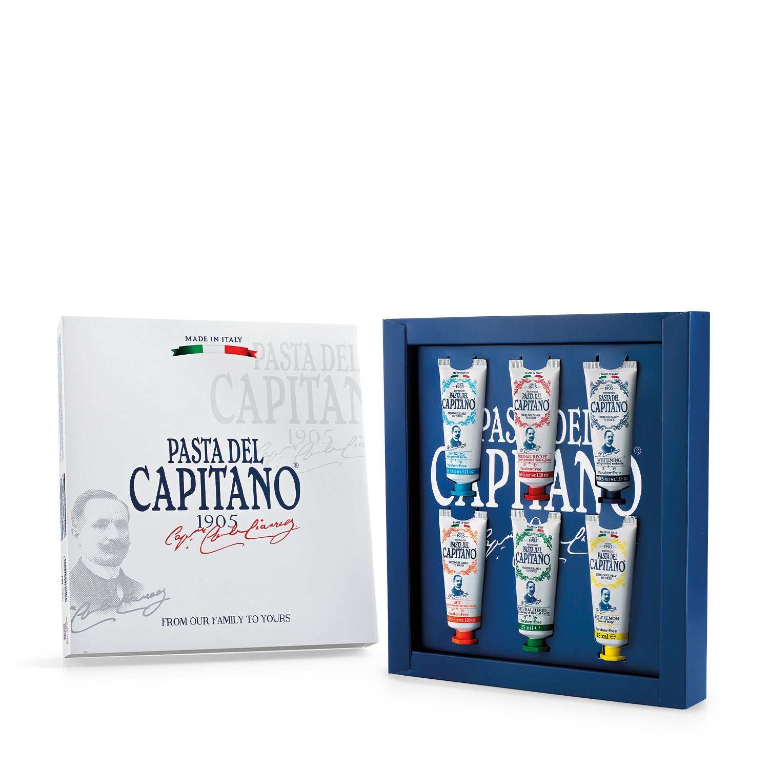 Pasta del Capitano Zahnpasta Mini Box 6x25ml mit sechs Sorten italienischer Premium-Zahnpflege, frische und schonende Reinigung auf Reisen.