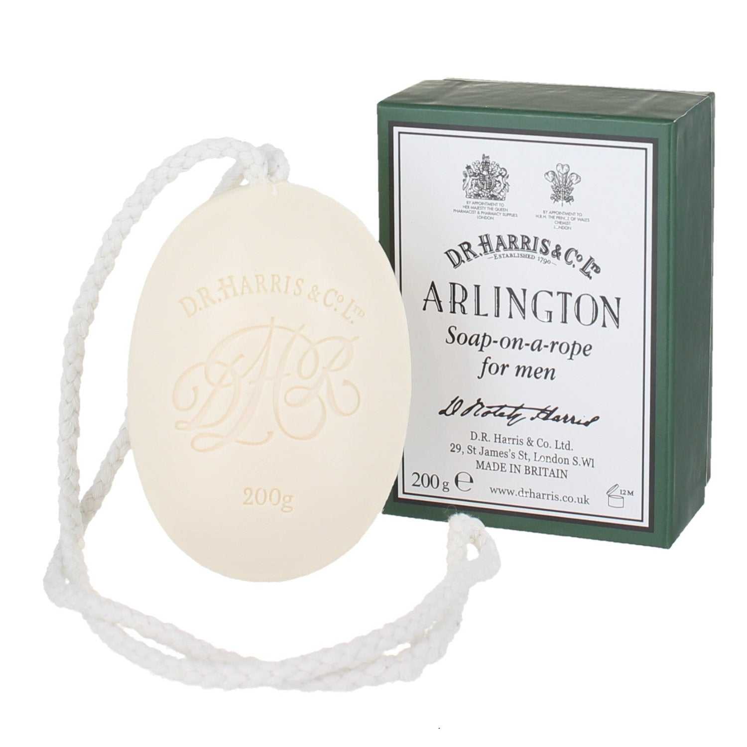 Duschseife Arlington von D.R. Harris mit Schnur, 200 g, frischer Citrus- und Farn-Duft, pflegend und langlebig geschäumt, klassische britische Seife