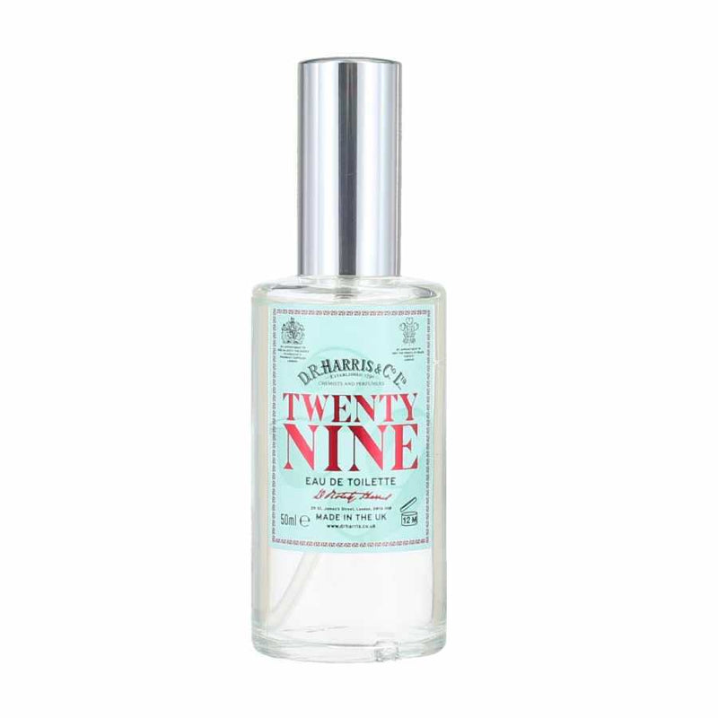 D.R. Harris Eau de Toilette Twenty Nine Unisex-Duft mit Rose, Geranie, Zimt und Nelke, 50 ml in klarer Flasche