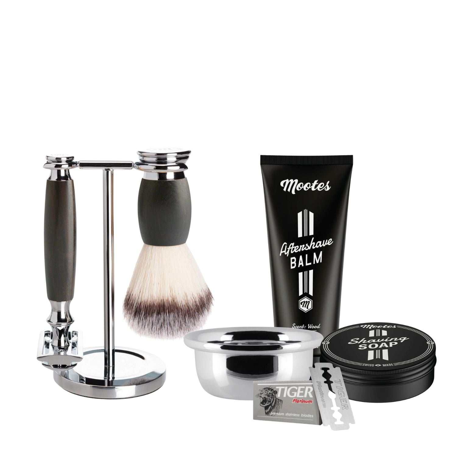 Rasierhobelset mit Holzgriff aus Olivenholz und Eisenholz inklusive Pinsel, Seife, Aftershave und Ständer