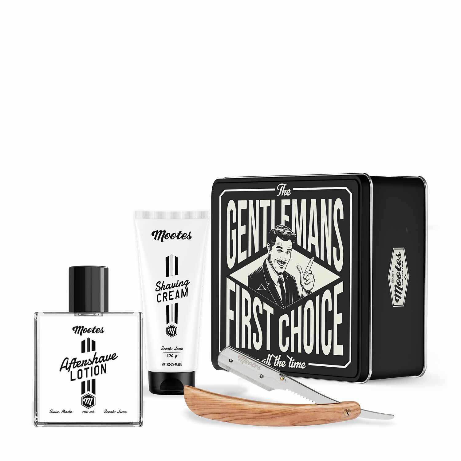 Nassrasur-Set mit Olivenholz-Wechselklingenmesser, Rasiercreme und Aftershave mit Limettenduft in Metalldose