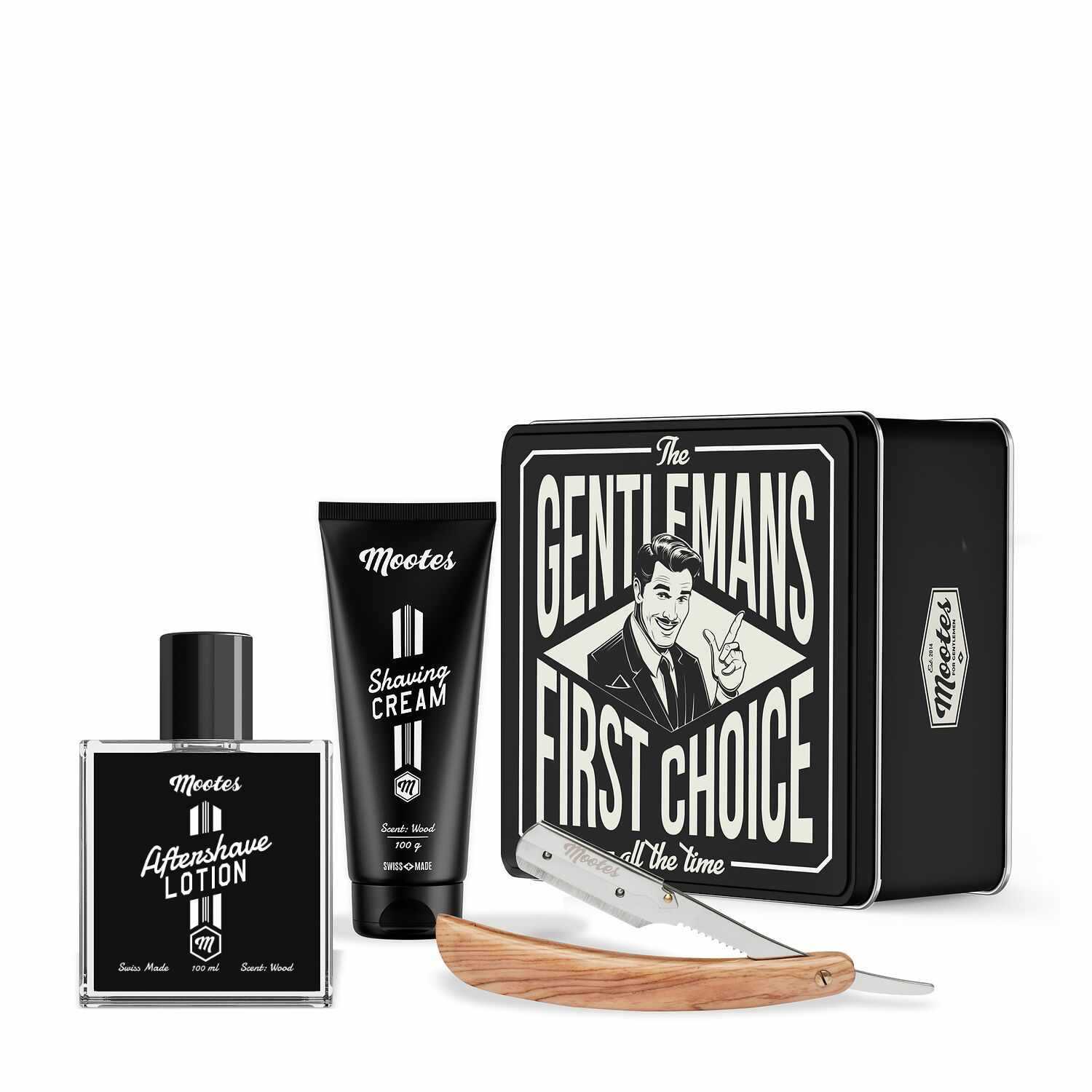 Nassrasur-Set mit Wechselklingenmesser Olivenholz, Rasiercreme, Aftershave Lotion und Geschenkbox, Duft Wood