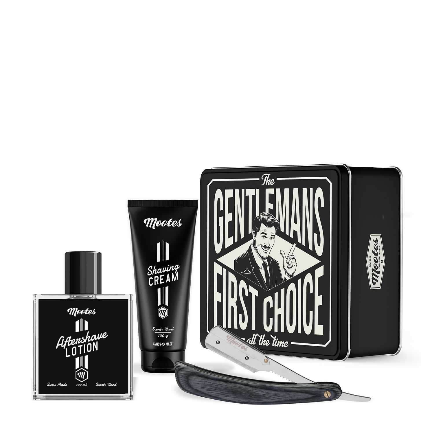 Nassrasur-Set mit Wechselklingenmesser Pakkaholz, Rasiercreme und Aftershave Lotion in Geschenkbox, Duft Wood