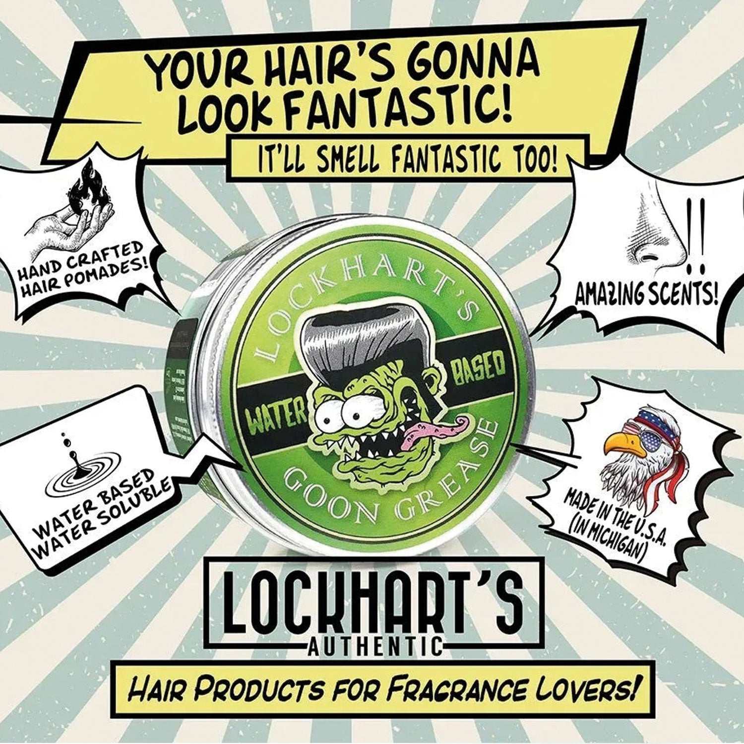 Dose der Haarpomade Goon Grease Water Based von Lockhart's mit grünem Design und Comic-Grafik, wasserbasierte, glänzende Pomade mit starkem Halt.