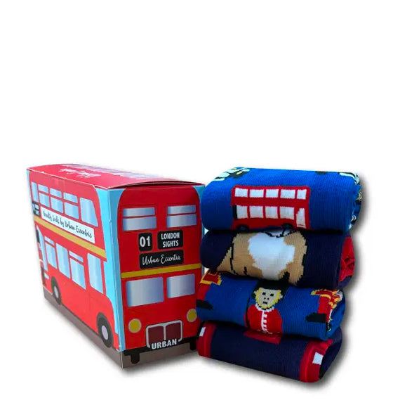 Socken London - Urban Eccentric Geschenkbox mit vier Paar Unisex Socken in London Bus Form mit typisch britischen Motiven
