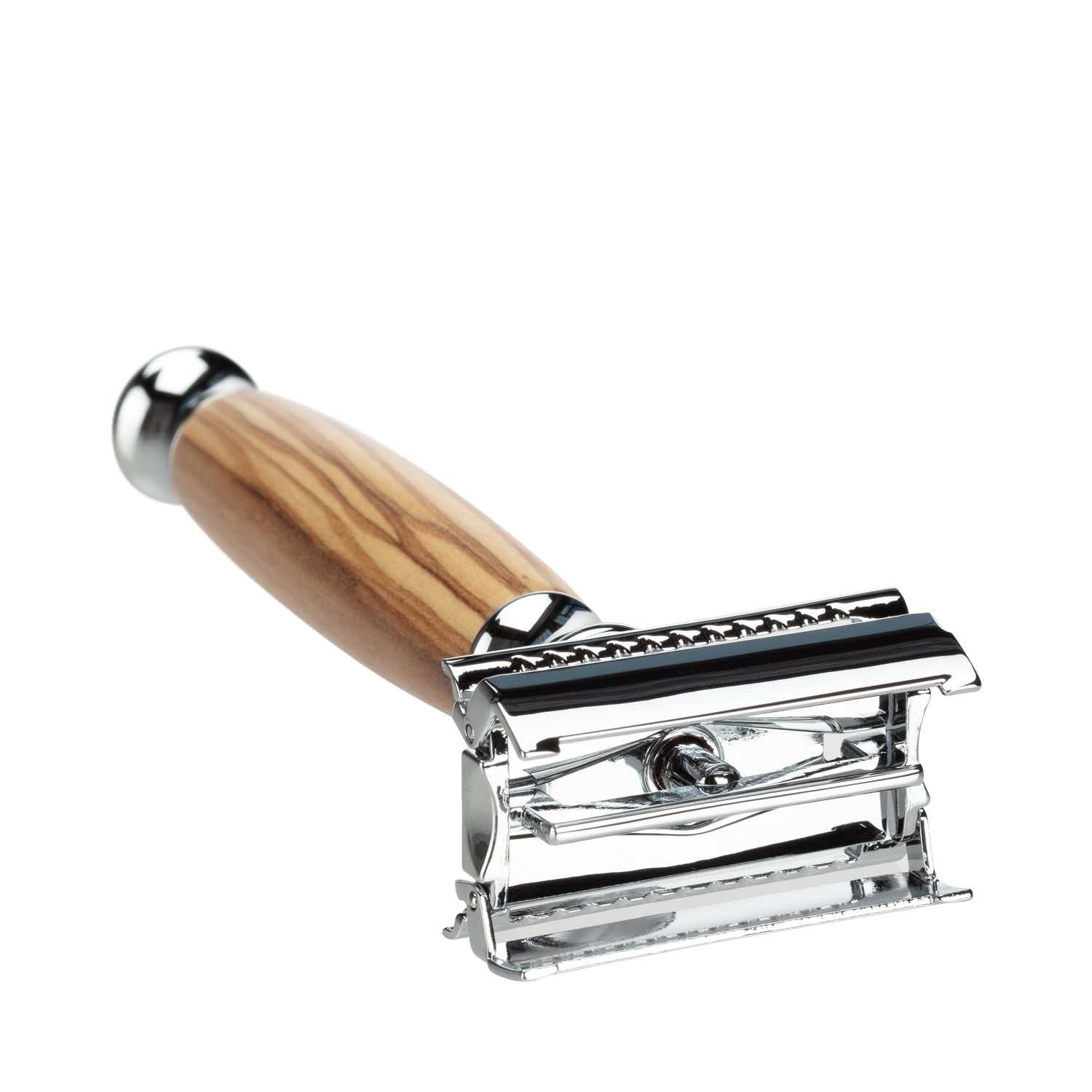 Rasierhobel mit Butterfly-Mechanik und Griff aus Olivenholz von Mootes, rostfreier Edelstahl, geschlossener Kamm für sichere Nassrasur