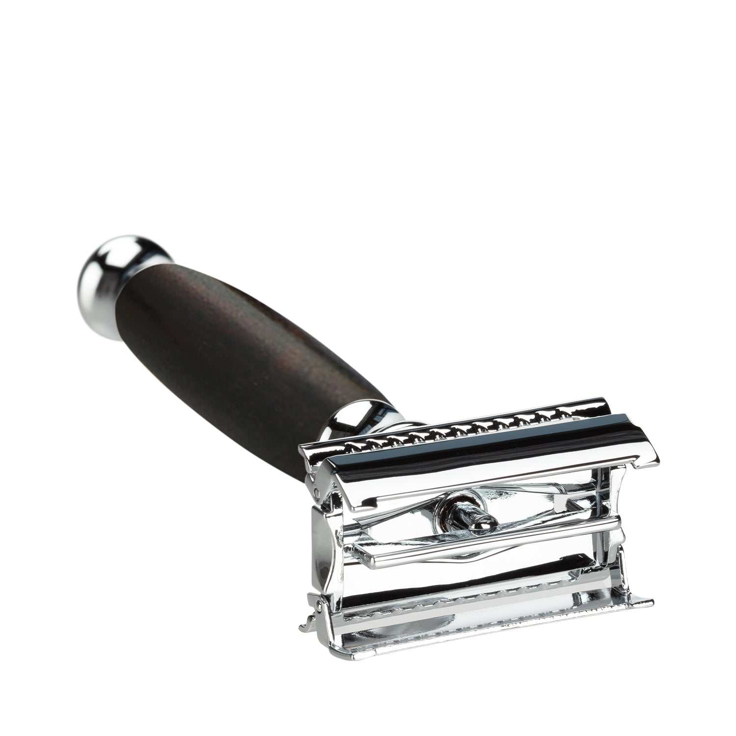 Mootes Rasierhobel mit Butterfly-Mechanik und Griff aus dunklem Eisenholz, geschlossener Kamm, rostfreier Stahl, schnelles Klingenwechsel-System.