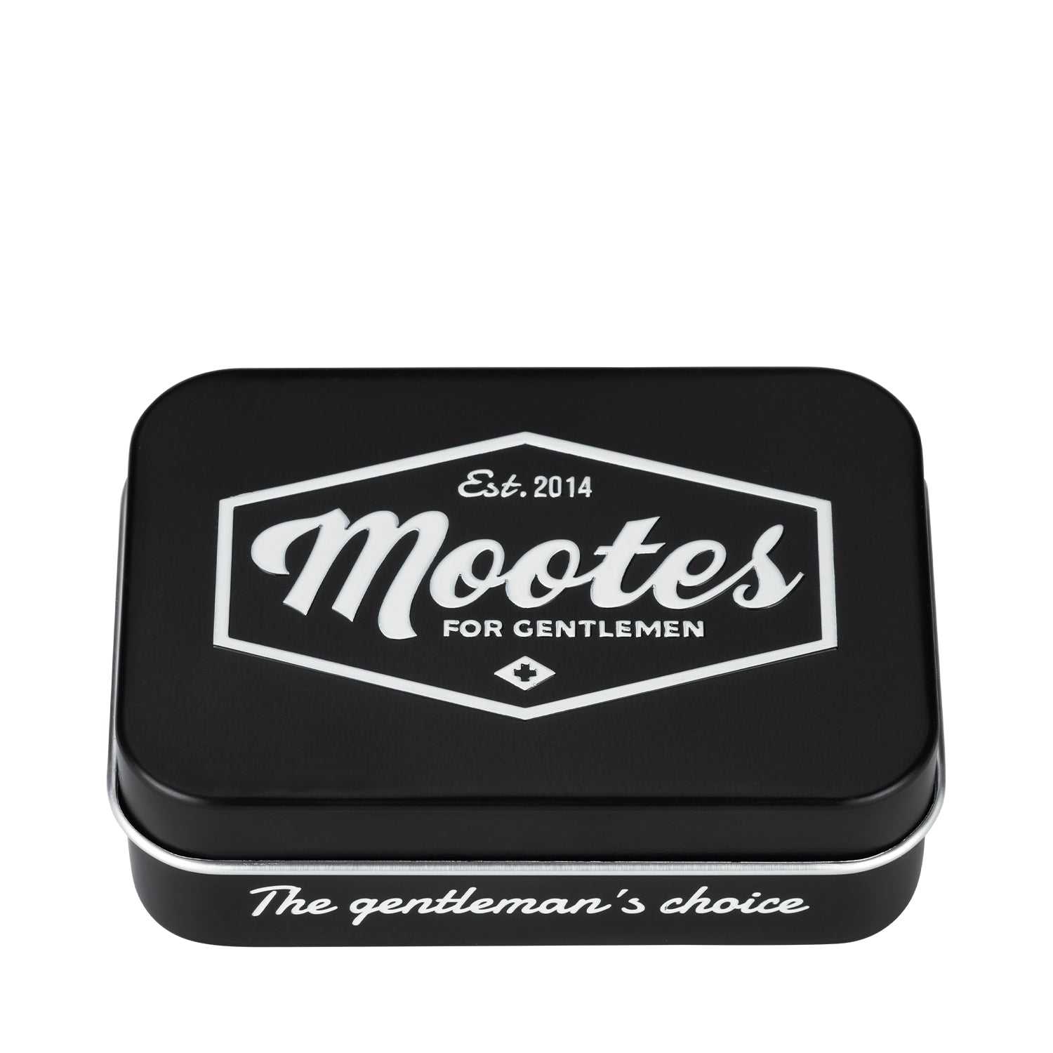 Schwarze Aluminiums-Seifendose Mootes mit Abtropfeinsatz und weißem Logo für festen Seifenblock, stilvoll und langlebig.