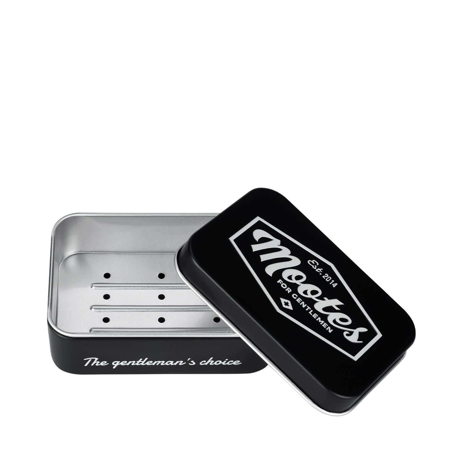 Schwarze Mootes Seifendose aus Aluminium mit Abtropfeinsatz und stilvollem Logo für feste Seife im Bad und auf Reisen