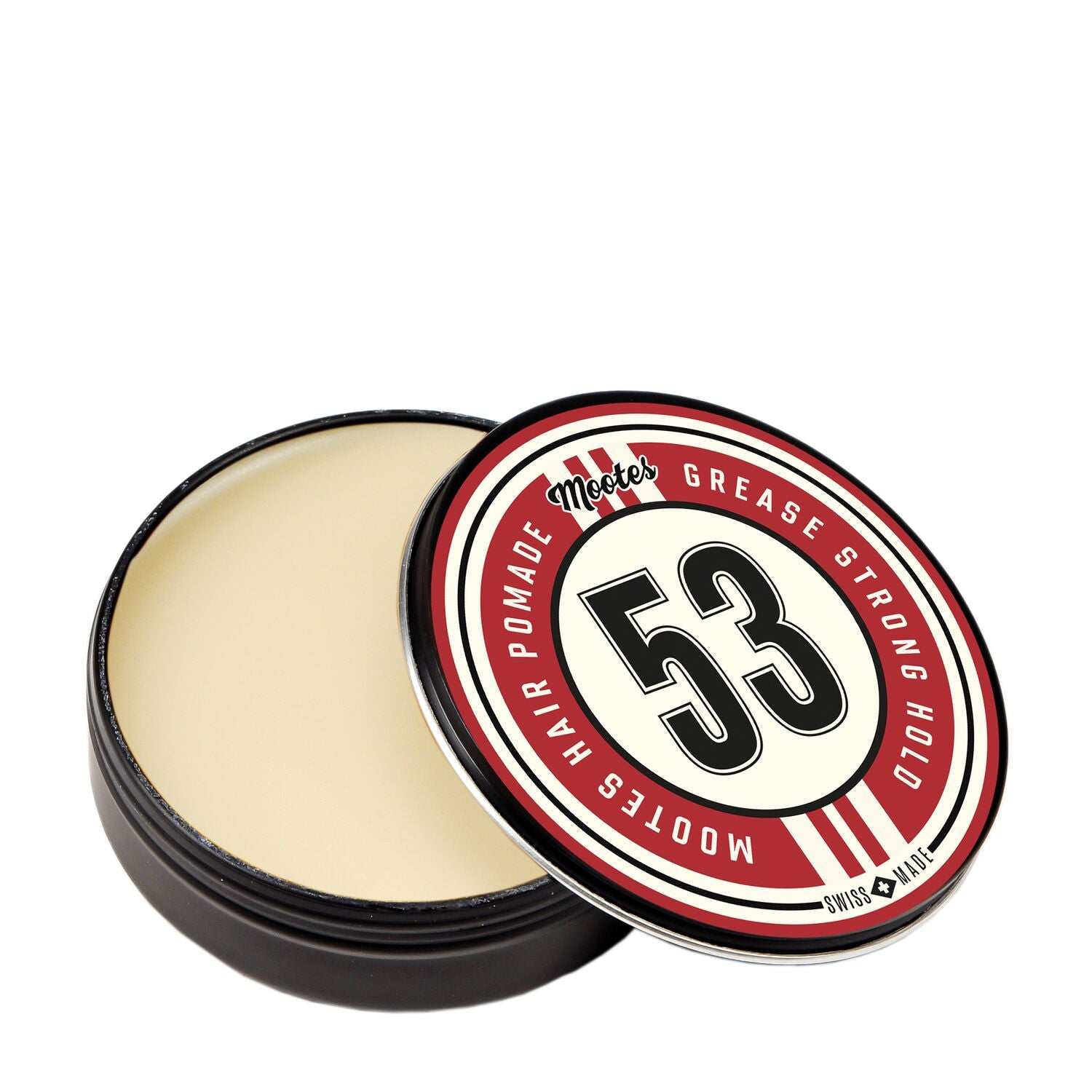 Geöffnete Dose Haarpomade #53 Grease Strong Hold von Mootes mit starkem Halt und glänzendem Finish für maskuline Pomp-Frisuren