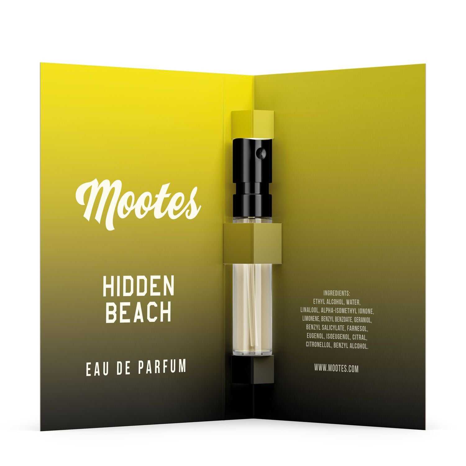 Mootes Eau de Parfum Probe Hidden Beach mit fruchtig-frischem Duft aus Limette, Zitronengras, Sandelholz und Vanille, vegan und nachhaltig hergestellt in der Schweiz.