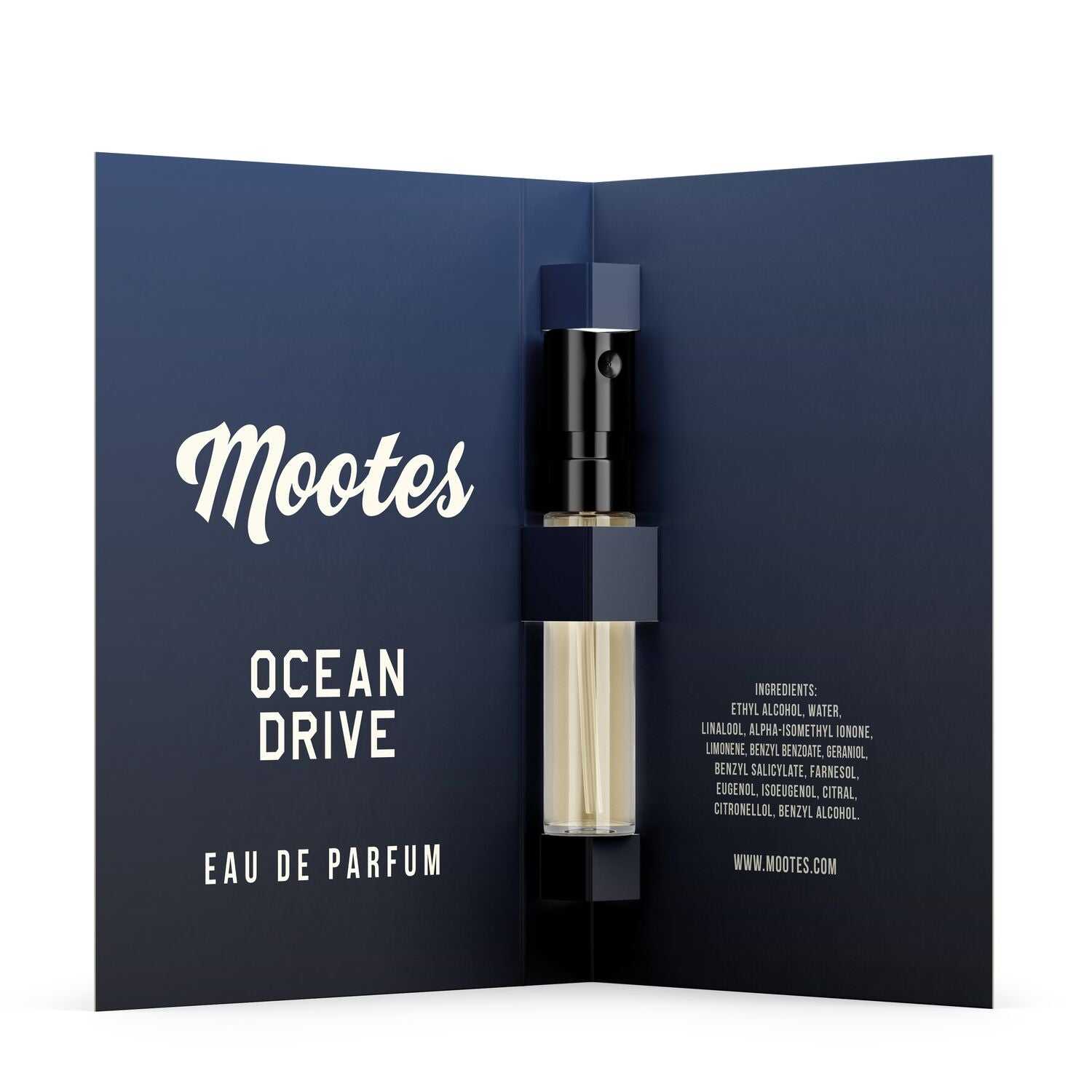 Probe Eau de Parfum Ocean Drive von Mootes in hochwertiger dunkelblauer Verpackung mit Sprühflakon