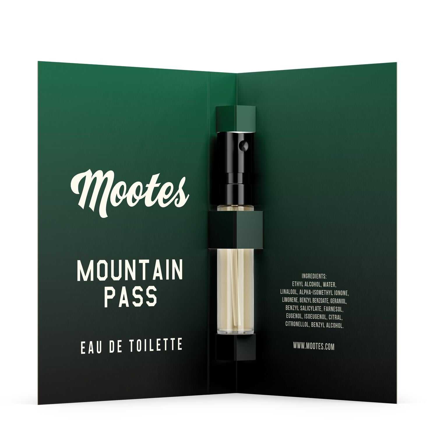 Eau de Toilette Probe Mountain Pass von Mootes in grün-schwarzer Verpackung mit kantigem Flakon und würzig-holzigem Duft.