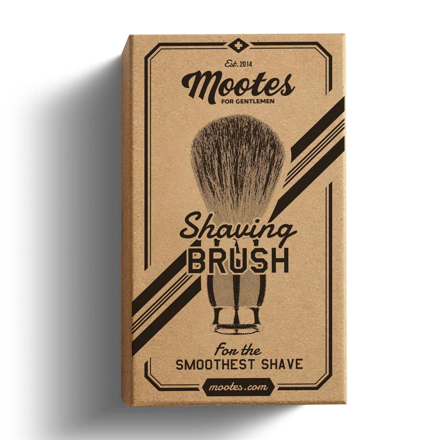 Rasierpinsel Olivenholz Mootes mit Kunstfaserborsten und silberfarbenem rostfreiem Stahlgriff in Vintage-Kartonverpackung.
