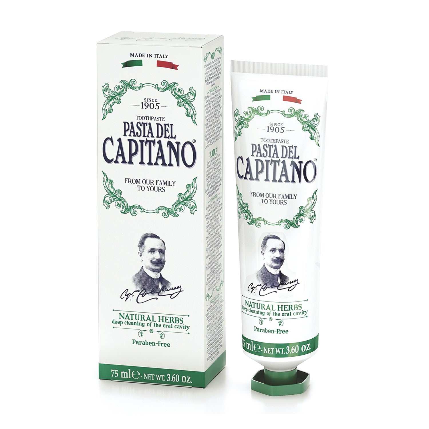 Zahnpasta Natural Herbs - Pasta del Capitano mit natürlichen Kräuterextrakten für schonende und effektive Zahnpflege ohne Parabene.