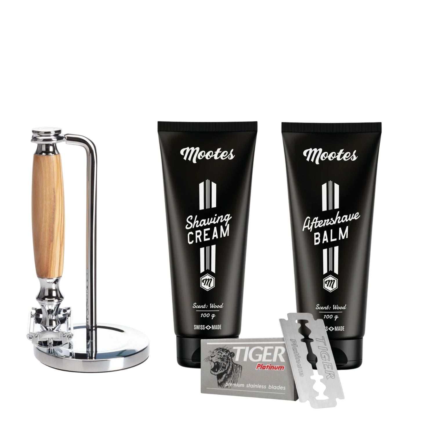 Rasierhobelset mit Metallgriff, Rasiercreme, Aftershave Balsam und Rasierklingen für sanfte und präzise Rasur