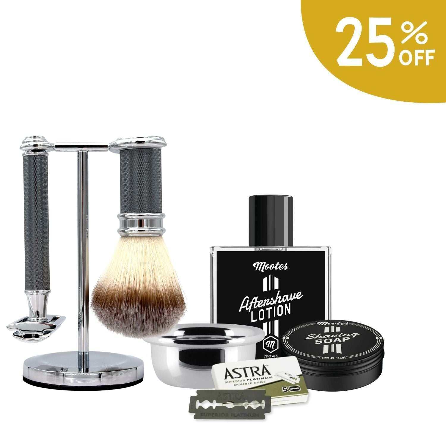 7-teiliges Rasierhobelset mit Holzgriff, Rasierpinsel, Rasierschale, Aftershave-Lotion und Rasierseife, edles Design aus Oliven- und Eisenholz
