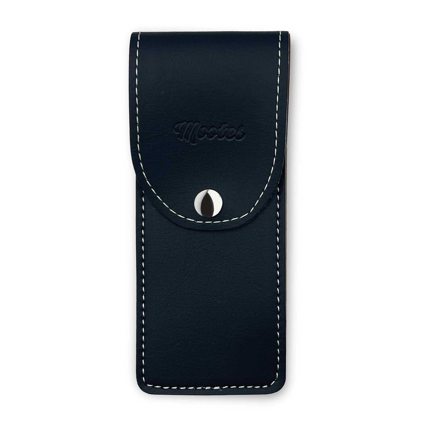 Rasierhobel Etui Mootes aus nachhaltigem Viridis Leder in schwarz mit weißer Naht und Druckknopfverschluss