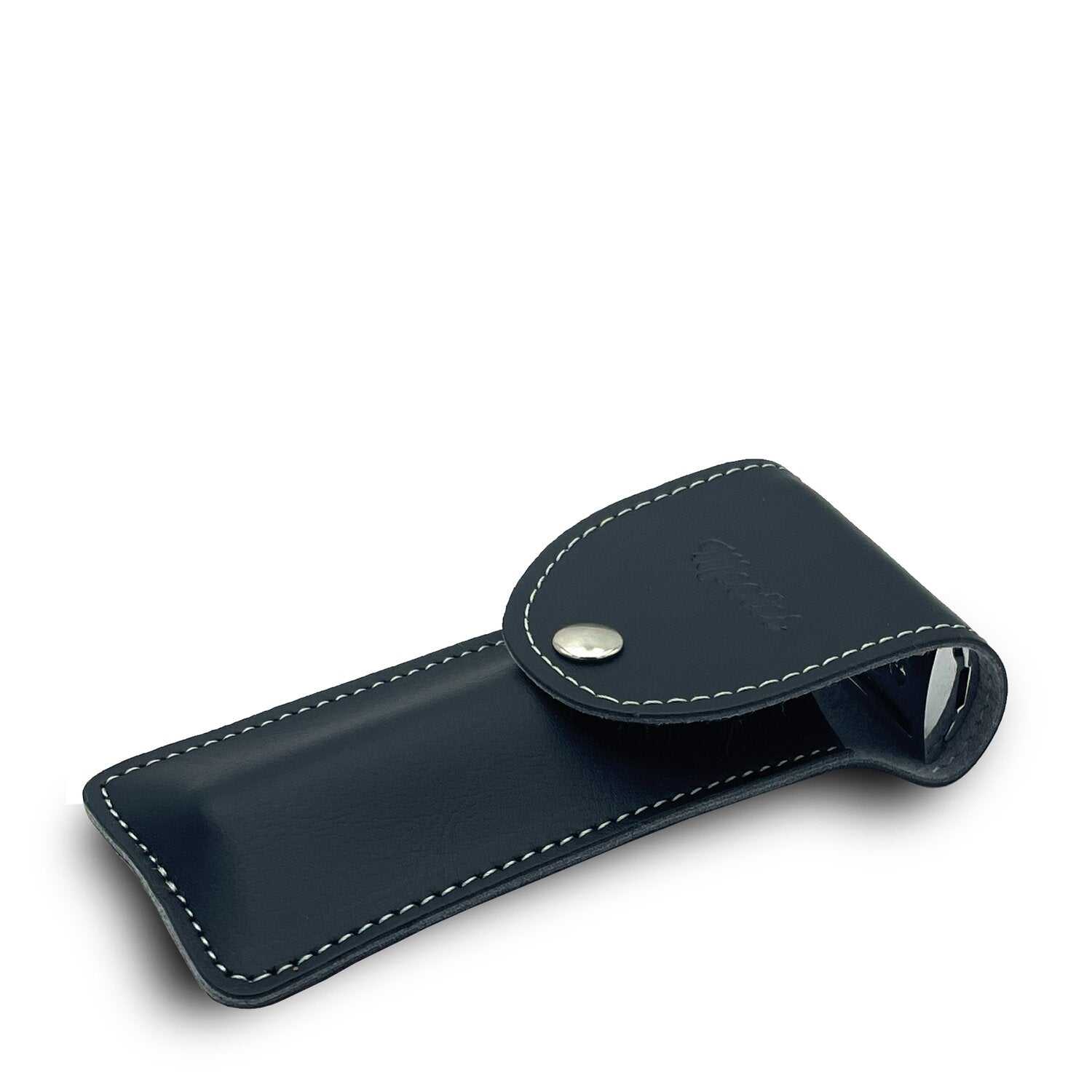 Rasierhobel Etui Mootes aus nachhaltigem Viridis Leder in Schwarz mit Druckknopfverschluss