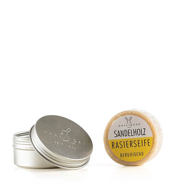 Rasierseife Sandelholz von Haslinger mit cremigem, lang anhaltendem Schaum und rückfettender Pflege in Dose