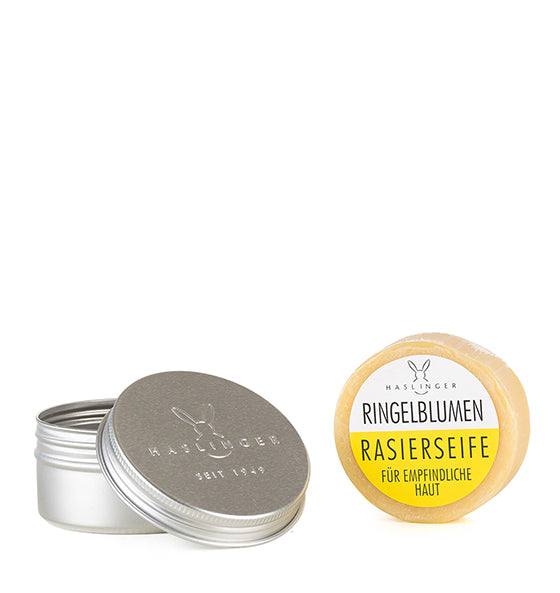 Haslinger Rasierseife Ringelblume in Dose für empfindliche Haut, ergiebiger, cremiger und schaumiger Rasierschaum, rückfettend und hautfreundlich