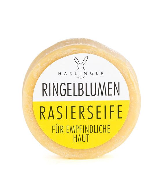 Rundstück Rasierseife Ringelblume von Haslinger für empfindliche Haut mit cremigem, langanhaltendem Rasierschaum