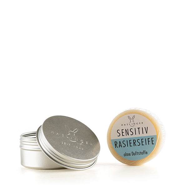 Haslinger Rasierseife Sensitiv ohne Duftstoffe mit Aloe Vera, pflanzlich und hautfreundlich für empfindliche Haut