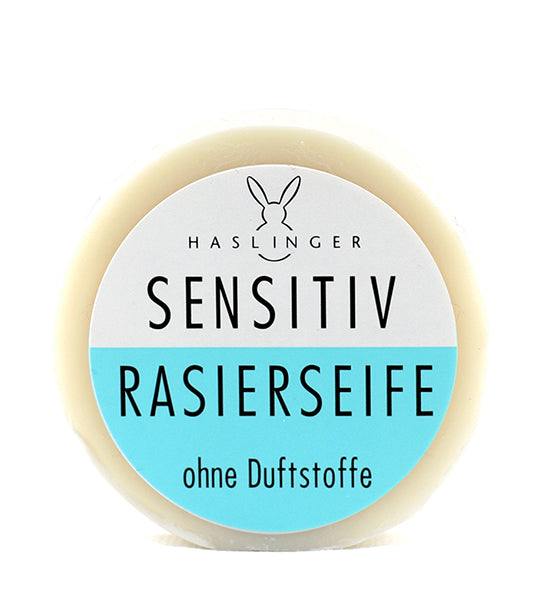 Haslinger Rasierseife Sensitiv ohne Duftstoffe für empfindliche Haut mit Aloe vera, pflanzlich und allergikerfreundlich