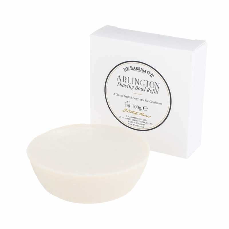 Rasierseife Arlington von D.R. Harris in weißer Dose mit belebendem Zitrusduft und feinporigem Schaum, 100g.