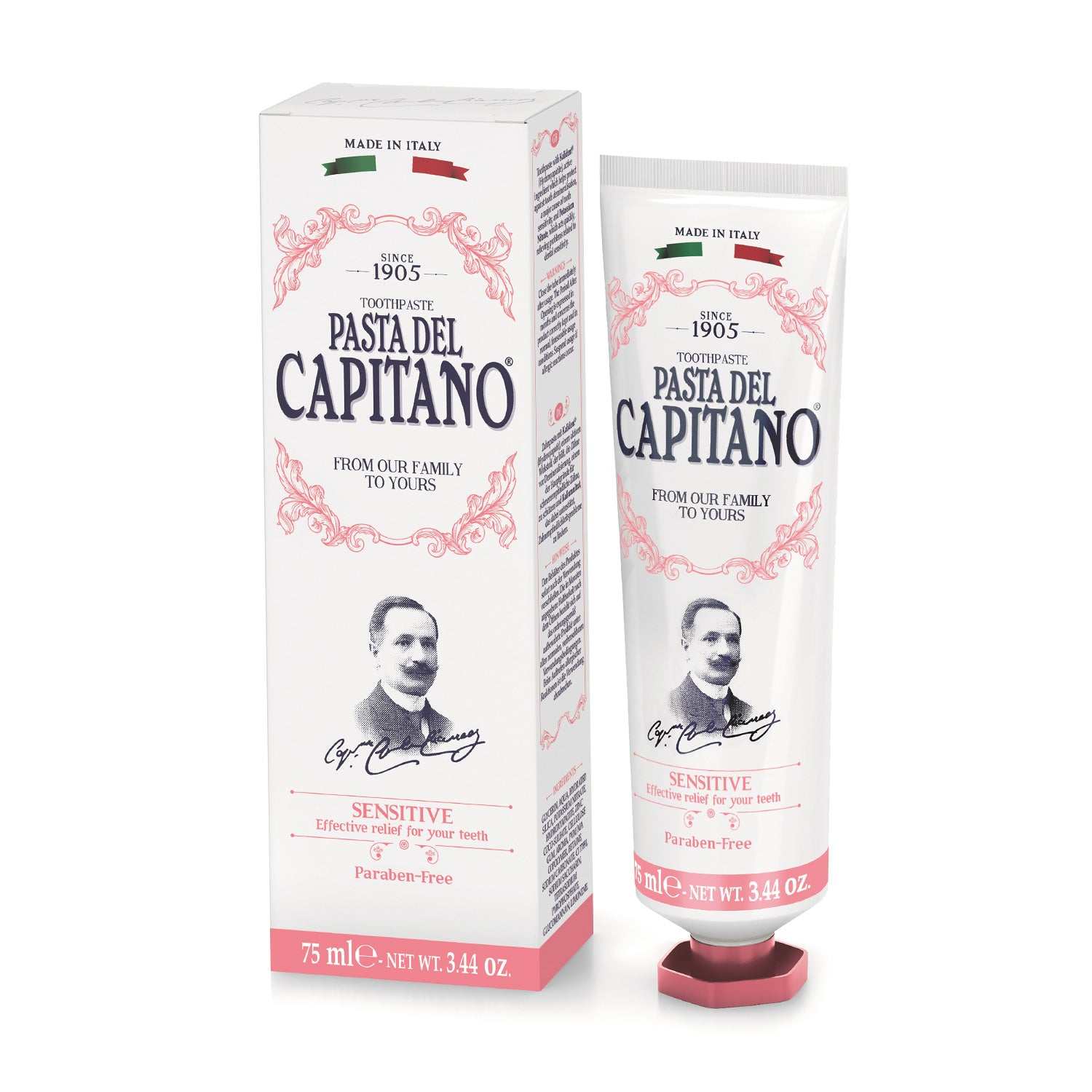 Zahnpasta Sensitive Pasta del Capitano zur sanften Pflege und Schmerzlinderung bei empfindlichen Zähnen mit Kaliumnitrat und Hydroxyapatit.