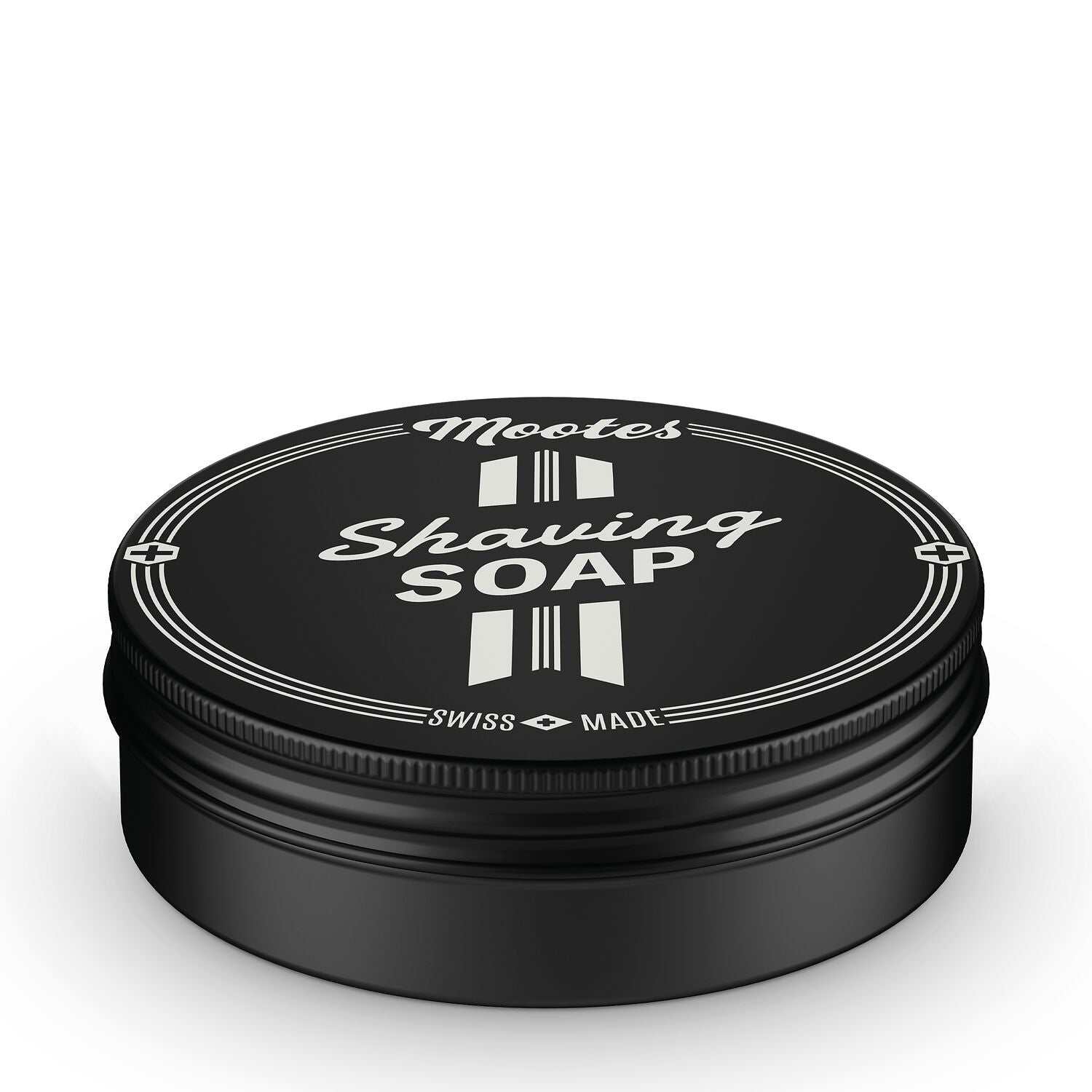 Rasierseife Mootes in schwarzer Aluminiumsdose für sanfte, pflegende Nassrasur mit natürlichem Zedernholz- und Myrrheduft.