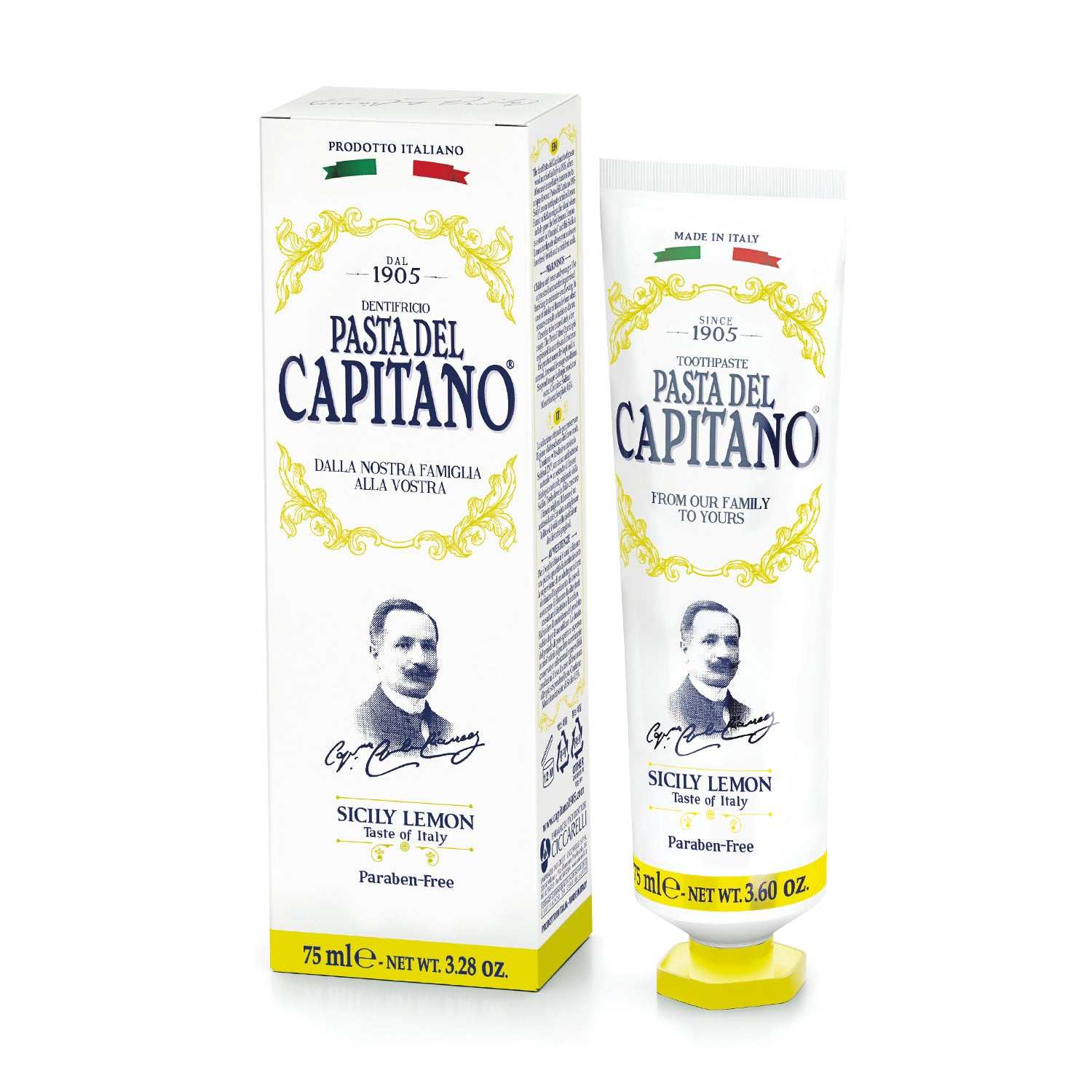 Zahnpasta Sicily Lemon von Pasta del Capitano mit Bio-Zitronenextrakt für frischen Atem und gesundes Zahnfleisch, parabenfrei.